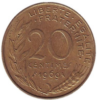 Монета 20 сантимов. 1969 год, Франция.