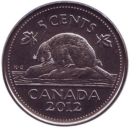 Монета 5 центов, 2012 год, Канада. Бобр.