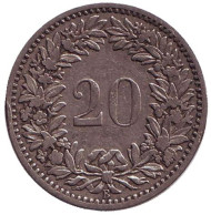 Монета 20 раппенов. 1884 год, Швейцария. Монета 20 раппенов. 1884 год, Швейцария.