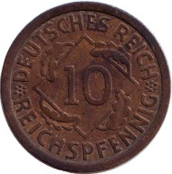 Монета 10 рейхспфеннигов. 1924 (А) год, Веймарская республика. Монета 10 рейхспфеннигов. 1924 (А) год, Веймарская республика.