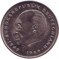 Монета 2 марки. 1979 год (F), ФРГ. Конрад Аденауэр. Монета 2 марки. 1979 год (F), ФРГ. Конрад Аденауэр.