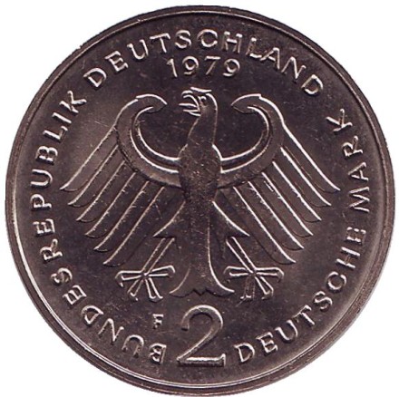 Монета 2 марки. 1979 год (F), ФРГ. Конрад Аденауэр. Монета 2 марки. 1979 год (F), ФРГ. Конрад Аденауэр.