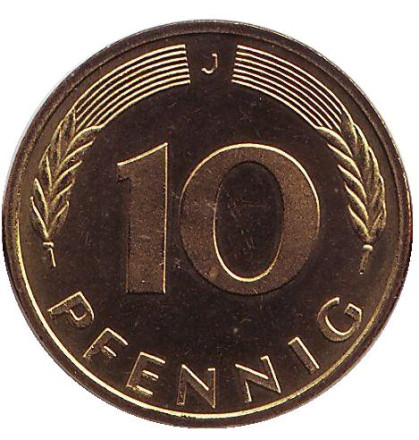 Монета 10 пфеннигов. 1984 год (J), ФРГ. UNC. Дубовые листья.