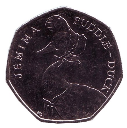 Монета 50 пенсов. 2016 год, Великобритания. 150 лет со дня рождения Беатрис Поттер. Клара Кряквуд. Утка. Монета 50 пенсов. 2016 год, Великобритания. 150 лет со дня рождения Беатрис Поттер. Клара Кряквуд. Утка.