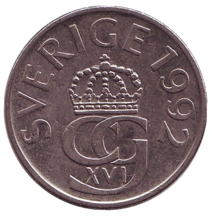 Монета 5 крон. 1992 год, Швеция. Монета 5 крон. 1992 год, Швеция.