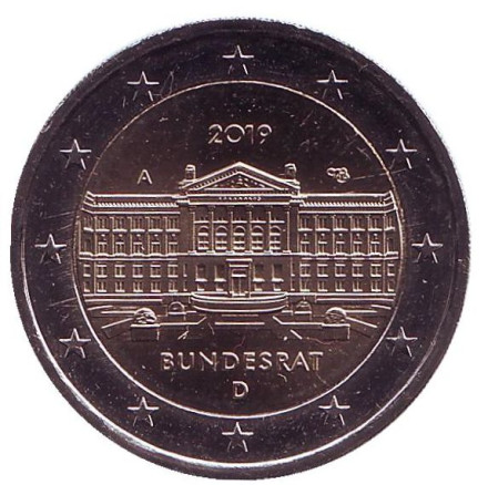 Монета 2 евро. 2019 год, Германия. 70 лет Бундесрату.