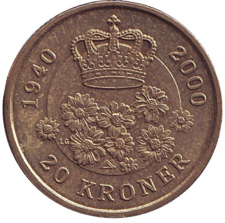 Монета 20 крон. 2000 год, Дания. 60 лет со дня рождения королевы Маргрете II.