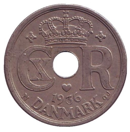 Монета 25 эре. 1936 год, Дания.