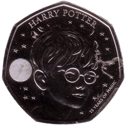 Монета 50 пенсов. 2022 год, Великобритания. 25 лет книге "Гарри Поттер и философский камень" - Гарри Поттер. Брак заготовки.