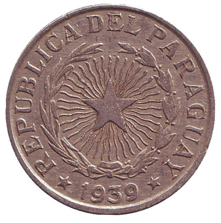 Монета 10 песо. 1939 год, Парагвай. Монета 10 песо. 1939 год, Парагвай.