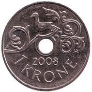 Монета 1 крона. 2008 год, Норвегия. Птица на виноградной лозе. Монета 1 крона. 2008 год, Норвегия. Птица на виноградной лозе.