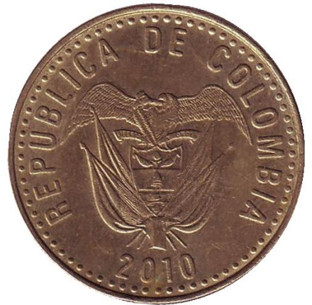 Монета 100 песо. 2010 год, Колумбия. Из обращения.