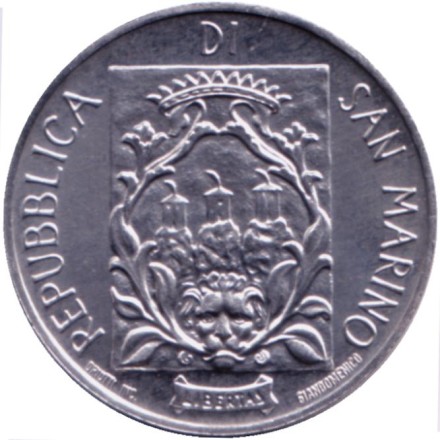 Монета 5 лир. 1988 год, Сан-Марино. Фортификация. Башня бойни.