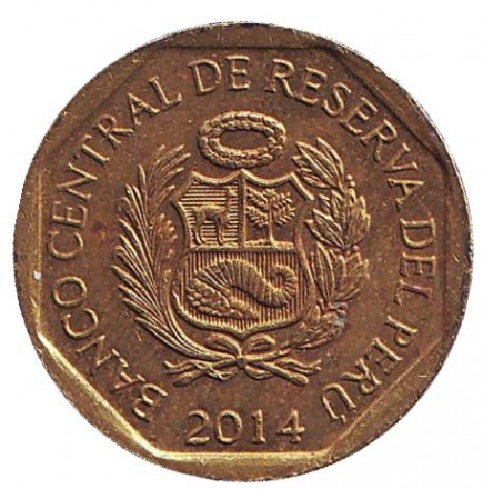 Монета 10 сентимов. 2014 год, Перу. Из обращения. Монета 10 сентимов. 2014 год, Перу. Из обращения.