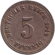 Монета 5 пфеннигов. 1912 год (A), Германская империя. Монета 5 пфеннигов. 1912 год (A), Германская империя.