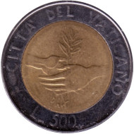 Монета 500 лир. 1984 год, Ватикан. Год мира. Монета 500 лир. 1984 год, Ватикан. Год мира.