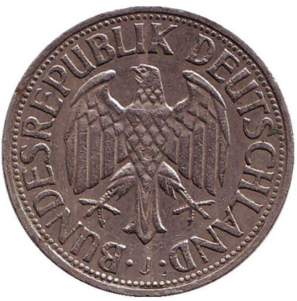 Монета 1 марка. 1971 год (J), ФРГ.