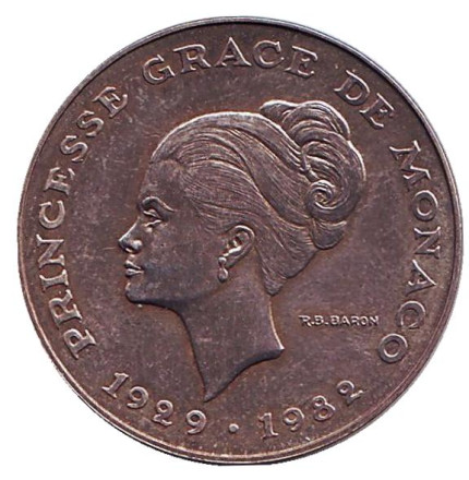 Монета 10 франков. 1982 год, Монако. (Серебро). Смерть принцессы Грейс Келли.