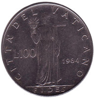 Монета 100 лир. 1964 год, Ватикан. Фигура Веры с крестом. Монета 100 лир. 1964 год, Ватикан. Фигура Веры с крестом.
