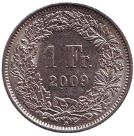Монета 1 франк. 2009 (В) год, Швейцария. Гельвеция. Монета 1 франк. 2009 (В) год, Швейцария. Гельвеция.