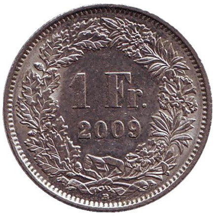 Монета 1 франк. 2009 (В) год, Швейцария. Гельвеция.
