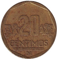 Монета 20 сентимов. 2007 год, Перу. Монета 20 сентимов. 2007 год, Перу.
