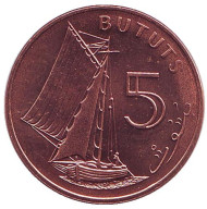 Монета 5 бутутов, 1998 год, Гамбия. Парусная лодка. Монета 5 бутутов, 1998 год, Гамбия. Парусная лодка.