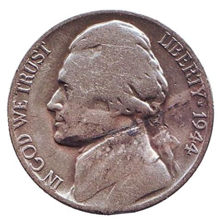 Монета 5 центов. 1944 год (D), США. Джефферсон. Монтичелло.