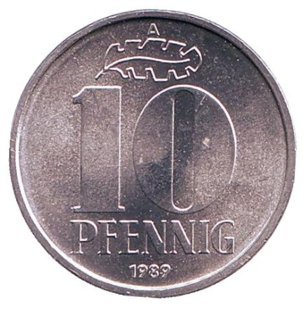 Монета 10 пфеннигов. 1989 год, ГДР. UNC.