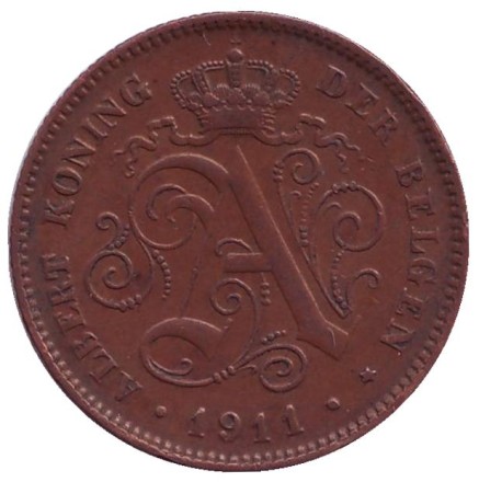 Монета 2 сантима. 1911 год, Бельгия. (Der Belgen)