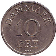 Монета 10 эре. 1955 год, Дания. Монета 10 эре. 1955 год, Дания.