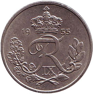 Монета 10 эре. 1955 год, Дания.