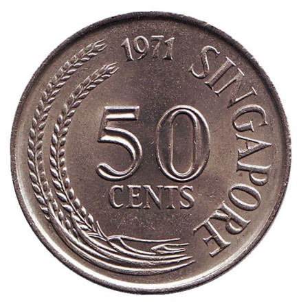 Монета 50 центов. 1971 год, Сингапур. Рыба-лев. Монета 50 центов. 1971 год, Сингапур. Рыба-лев.