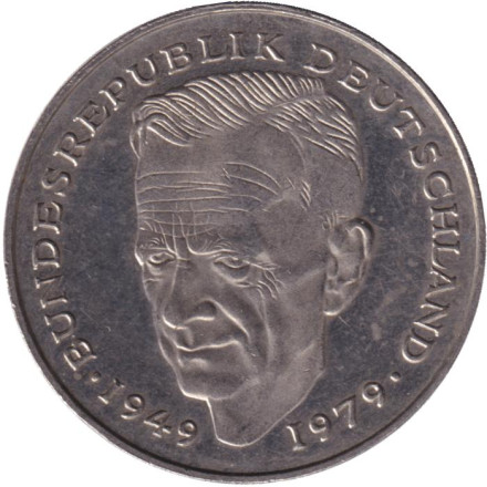 Монета 2 марки. 1990 год (G), ФРГ. Курт Шумахер.