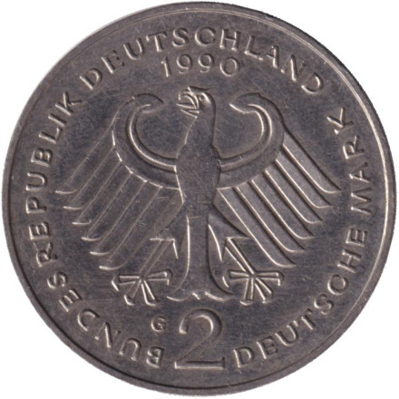 Монета 2 марки. 1990 год (G), ФРГ. Курт Шумахер. Монета 2 марки. 1990 год (G), ФРГ. Курт Шумахер.