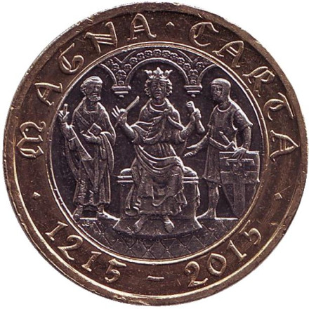 Монета 2 фунта. 2015 год, Великобритания. (Отметка "JC") 800 лет Великой хартии вольностей.