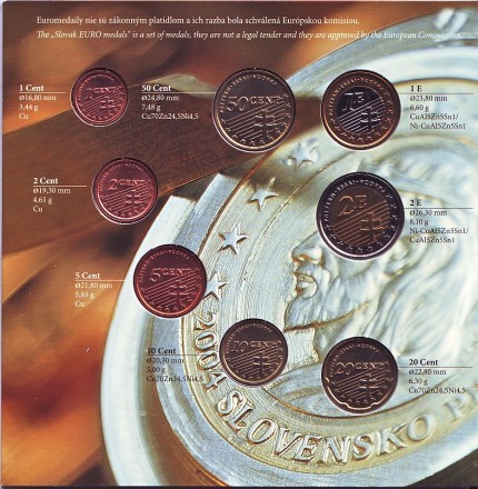 Словацкие Евро медали. (Евро жетоны). Набор из 8-ми жетонов. 2004 год, Словакия. ("Пробные евро") Словацкие Евро медали. (Евро жетоны). Набор из 8-ми жетонов. 2004 год, Словакия. ("Пробные евро")
