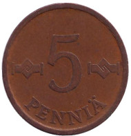 Монета 5 пенни. 1977 год, Финляндия. (медь). Нечастая! Монета 5 пенни. 1977 год, Финляндия. (медь). Нечастая!