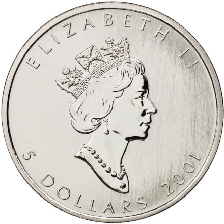 Монета 5 долларов. 2001 год, Канада. Кленовый лист. Монета 5 долларов. 2001 год, Канада. Кленовый лист.