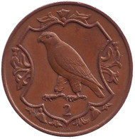 Монета 2 пенса. 1984 год, Остров Мэн. 500 лет Геральдической палате. Сокол.
