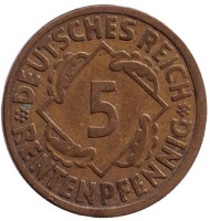 Монета 5 рентенпфеннигов. 1924 год (J), Веймарская республика. Монета 5 рентенпфеннигов. 1924 год (J), Веймарская республика.