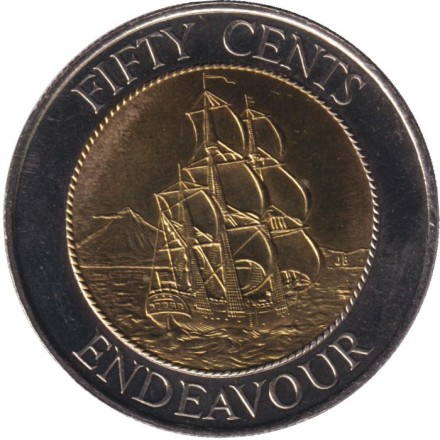 Монета 50 центов, 1994 год, Новая Зеландия. Парусник "Endeavour". Юбилейная.