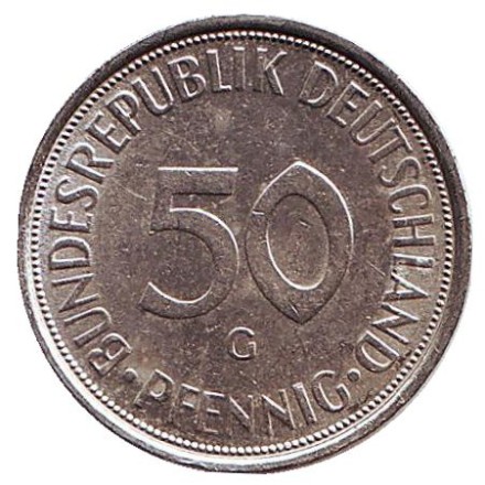 Монета 50 пфеннигов. 1972 (G) год, ФРГ. Женщина, сажающая дуб.