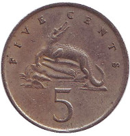 Монета 5 центов. 1969 год, Ямайка. Острорылый крокодил. Монета 5 центов. 1969 год, Ямайка. Острорылый крокодил.