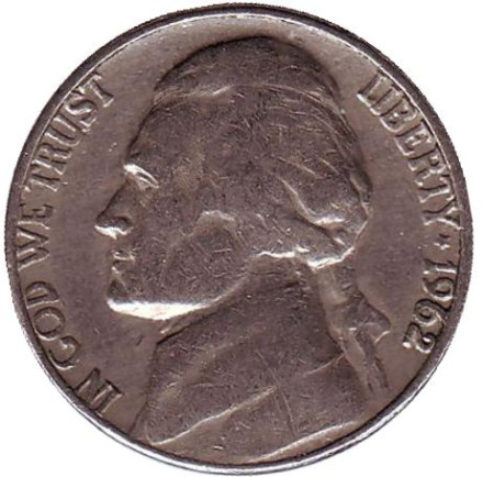 Монета 5 центов. 1962 год (D), США. Джефферсон. Монтичелло.