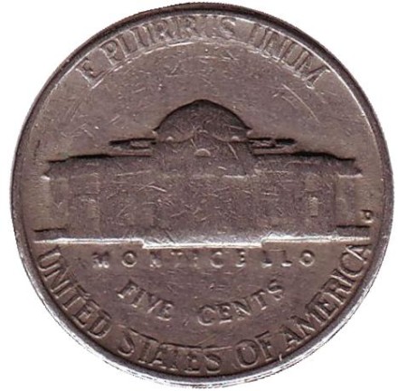 Монета 5 центов. 1962 год (D), США. Джефферсон. Монтичелло.