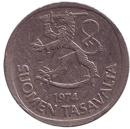 Монета 1 марка. 1974 год, Финляндия. Монета 1 марка. 1974 год, Финляндия.