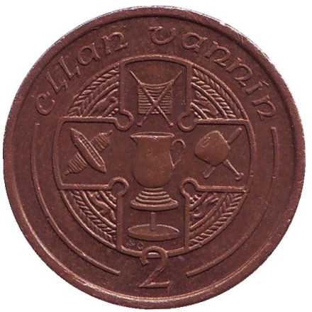Монета 2 пенса. 1988 год, Остров Мэн. (AС) Кельтский крест.