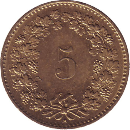Монета 5 раппенов. 2006 год, Швейцария.