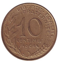 Монета 10 сантимов. 1964 год, Франция. Монета 10 сантимов. 1964 год, Франция.